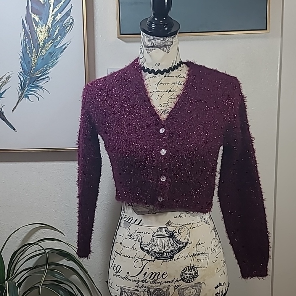 Art Class plum metallic crop button front sweater